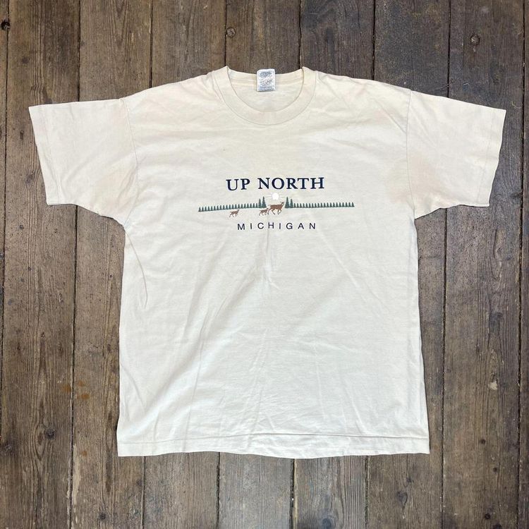 Vintage Fruit of the Loom Michigan Graphic Single Stitch Tee, Beige, Mens XL