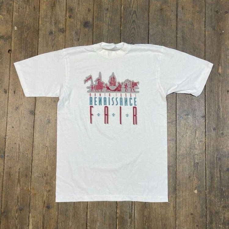 T-Shirt Vintage Graphic Renaissance Fair Print Single Stitch Tee, White, Mens XL