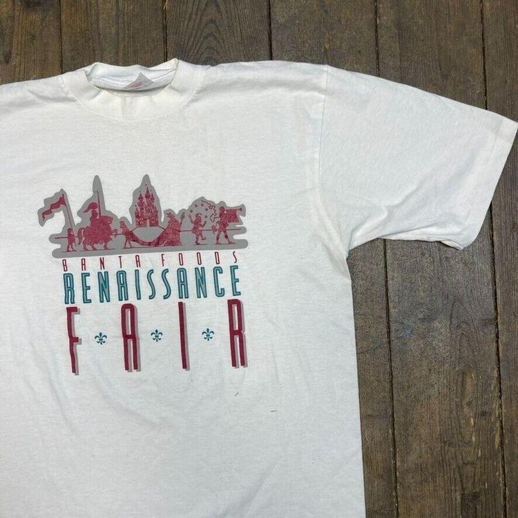 T-Shirt Vintage Graphic Renaissance Fair Print Single Stitch Tee, White, Mens XL 3