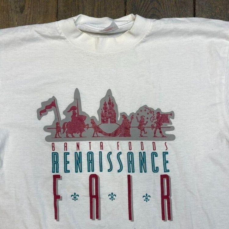 T-Shirt Vintage Graphic Renaissance Fair Print Single Stitch Tee, White, Mens XL 2