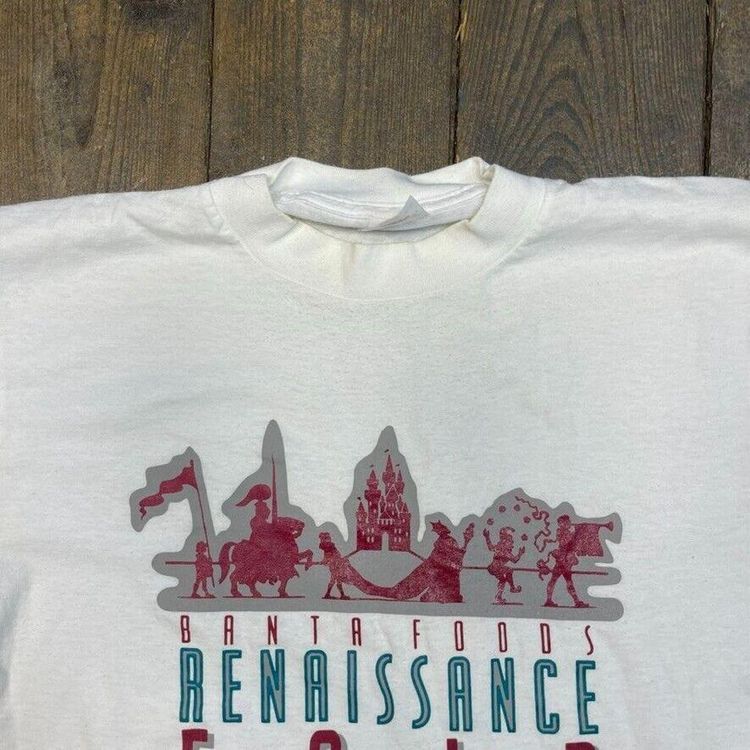T-Shirt Vintage Graphic Renaissance Fair Print Single Stitch Tee, White, Mens XL 6