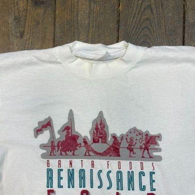 T-Shirt Vintage Graphic Renaissance Fair Print Single Stitch Tee, White, Mens XL 6