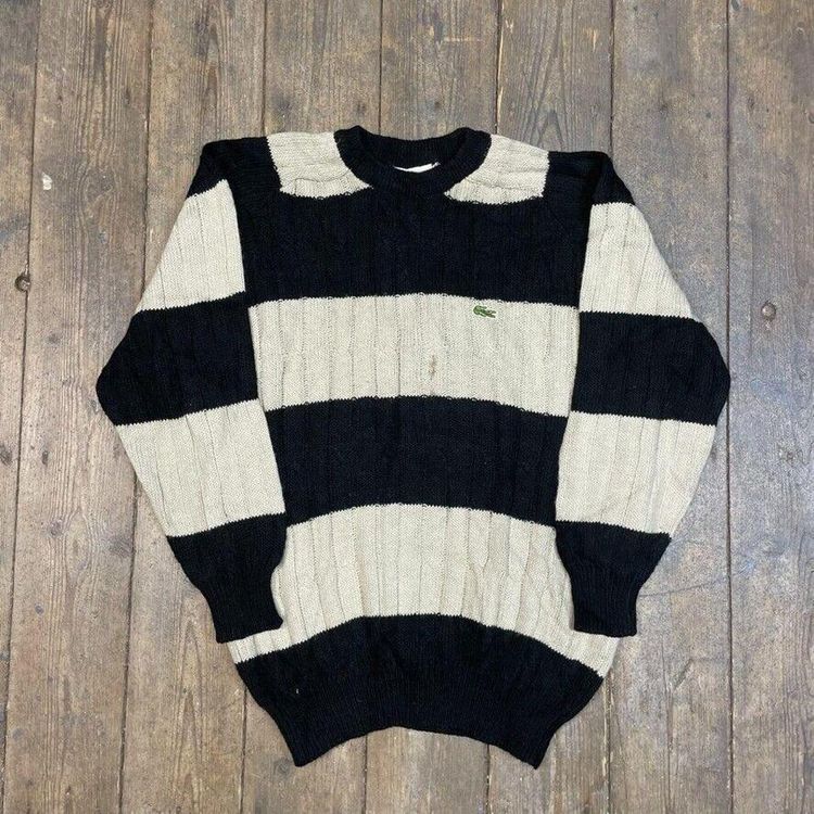 Lacoste Chemise Jumper Knit Vintage Striped Knitted Sweater, Black, Mens XL image 1