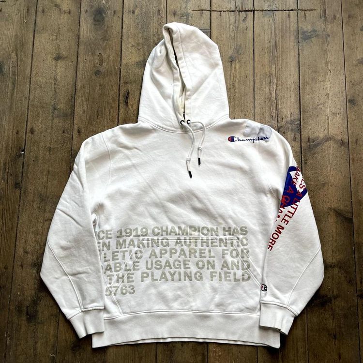 Champion Hoodie Pull Over Spellout Sports Sweatshirt, White, Mens XL