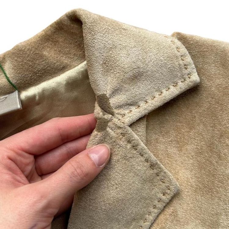 Real suede sandy coloured button down collared jacket with beautiful stitching image 6