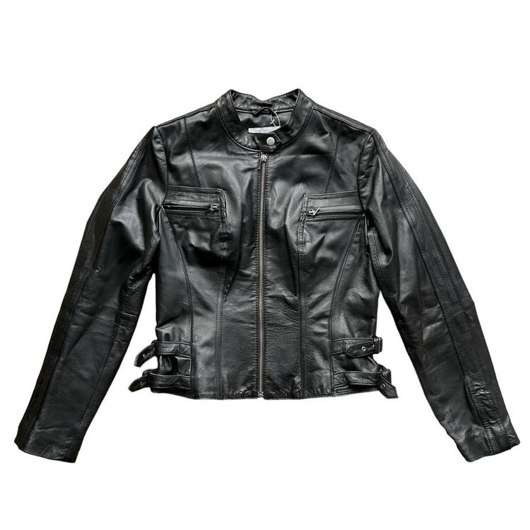 Black real leather zip up moto style jacket with silver hardware and buckle details imagen 1