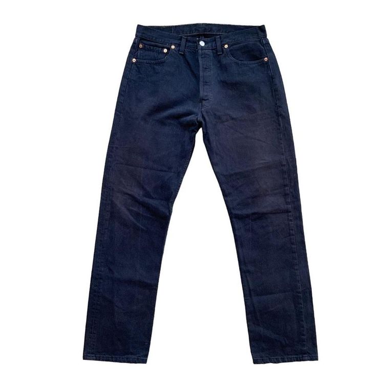 Dark navy blue Levi 501 jeans with button flies and the iconic leather patch image 3
