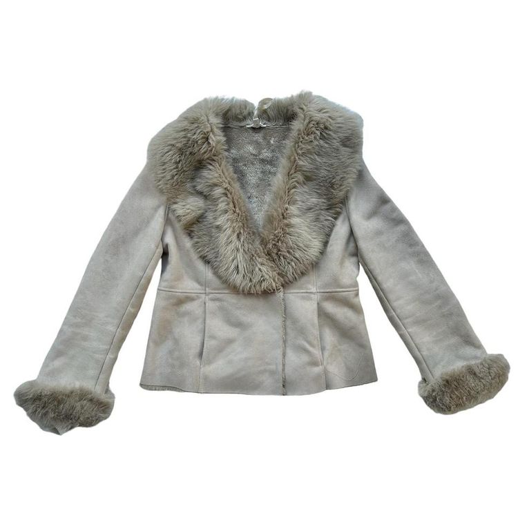 Beige faux suede afghan style coat with a faux fur collar, cuffs and lining