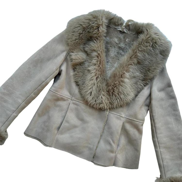 Beige faux suede afghan style coat with a faux fur collar, cuffs and lining 2