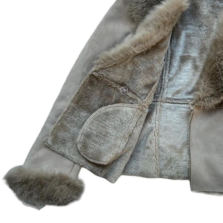 Beige faux suede afghan style coat with a faux fur collar, cuffs and lining 3