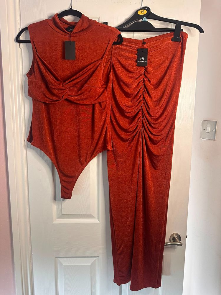 Rust Orange Sleeveless Bodysuit And Ruched Skirt set