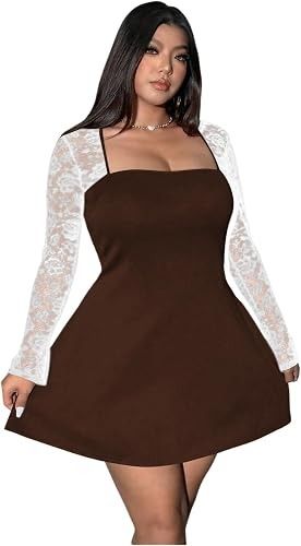 Brown Dress With White Lace Sleeves obraz 4