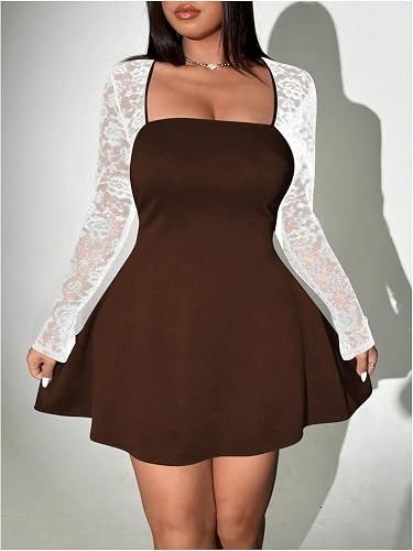 Brown Dress With White Lace Sleeves obraz 3