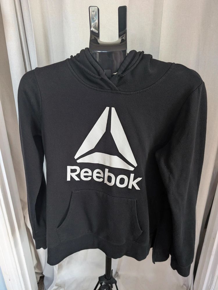 Reebok Big Logo Graphic Hoodie Sweatshirt Black Fleece Jumper Size M image 2