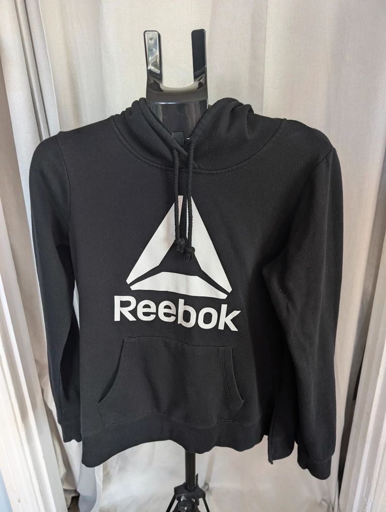 Reebok Big Logo Graphic Hoodie Sweatshirt Black Fleece Jumper Size M image 1