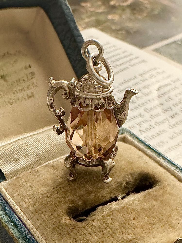 Rare Vintage NUVO Sterling Silver Teapot Charm Pendant – Soft Orange Gemstone Teapot Motif