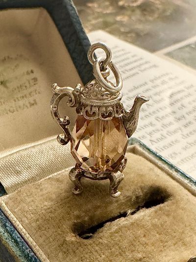 Rare Vintage NUVO Sterling Silver Teapot Charm Pendant – Soft Orange Gemstone Teapot Motif