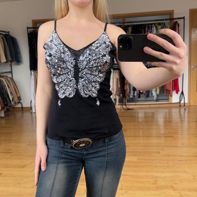 Black Sequin Butterfly Cami Top