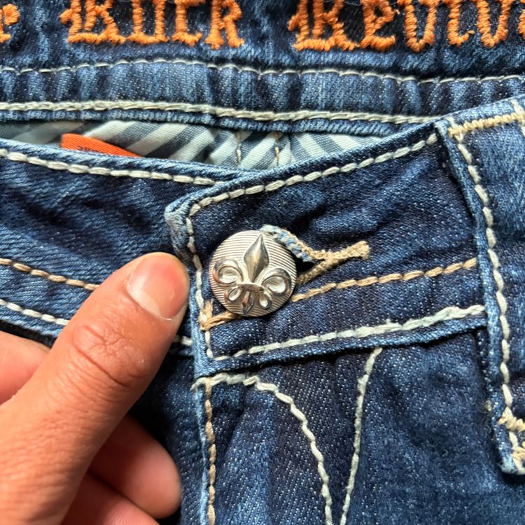 2000s Heavy Embellished Rock Revival Low Rise Dark Denim Bootcut Jeans imagen 10