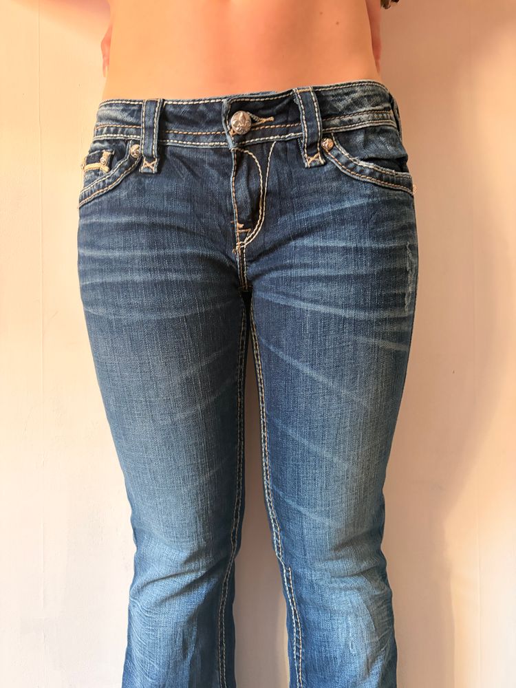 2000s Heavy Embellished Rock Revival Low Rise Dark Denim Bootcut Jeans imagen 8