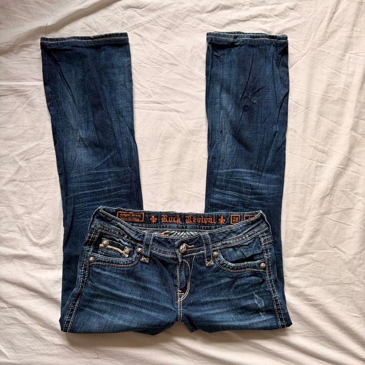 2000s Heavy Embellished Rock Revival Low Rise Dark Denim Bootcut Jeans imagen 6