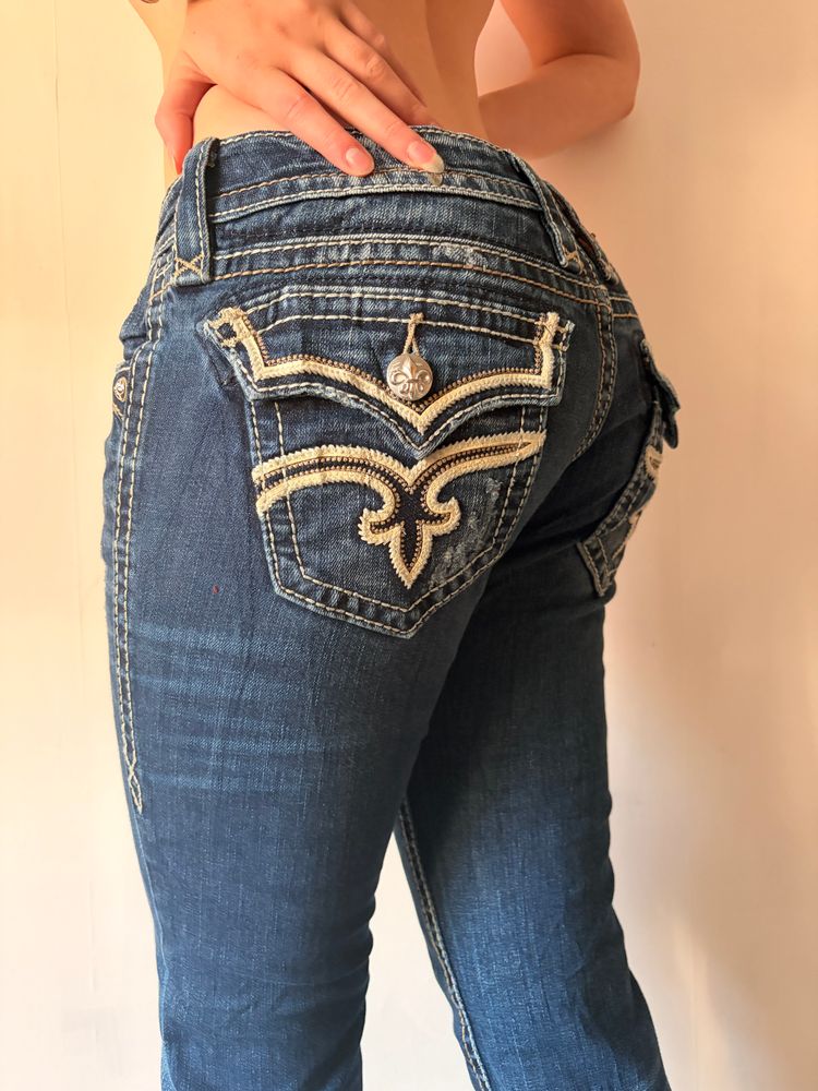 2000s Heavy Embellished Rock Revival Low Rise Dark Denim Bootcut Jeans image 1