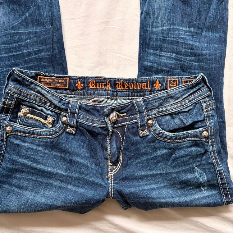 2000s Heavy Embellished Rock Revival Low Rise Dark Denim Bootcut Jeans imagen 7