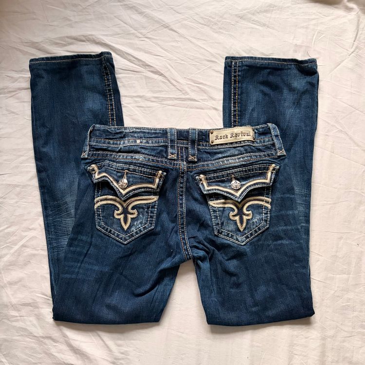 2000s Heavy Embellished Rock Revival Low Rise Dark Denim Bootcut Jeans imagen 2