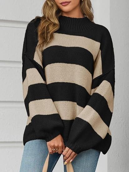 Black And Beige Striped Knit Sweater image 1