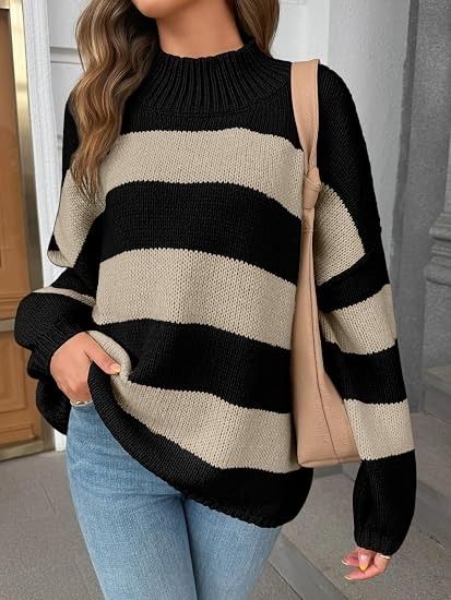 Black And Beige Striped Knit Sweater image 2