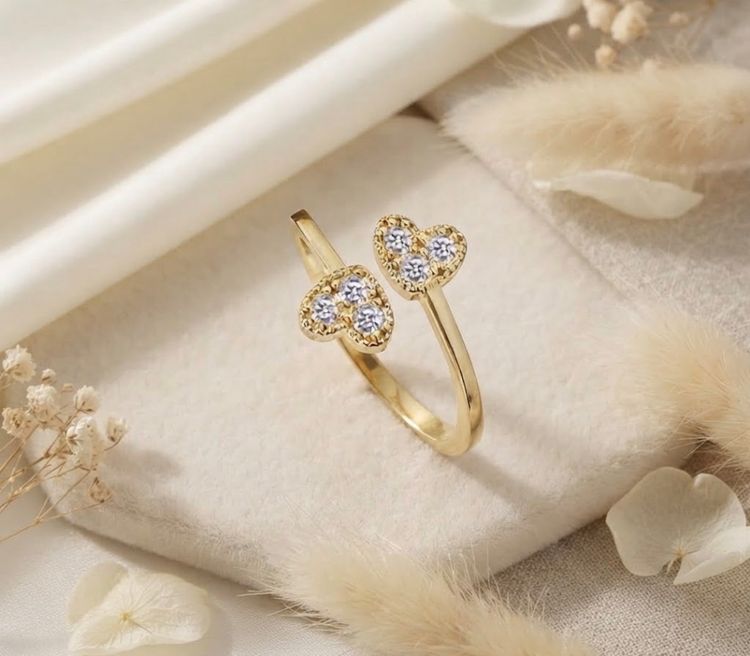 Sparkling Gold Double Heart Adjustable Ring image 1