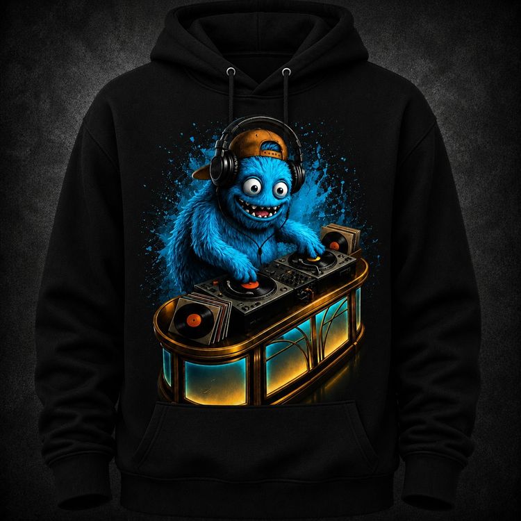 Black Hoodie With Blue Monster Dj Graphic