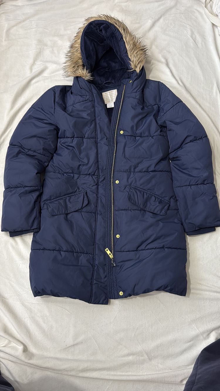 Navy Blue Padded Winter Coat With Faux Fur Hood image 1