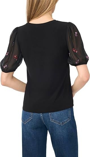 Black Top With Sheer Embroidered Sleeves image 3