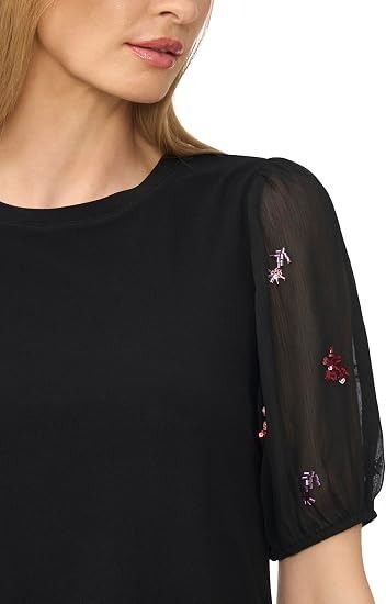 Black Top With Sheer Embroidered Sleeves image 1