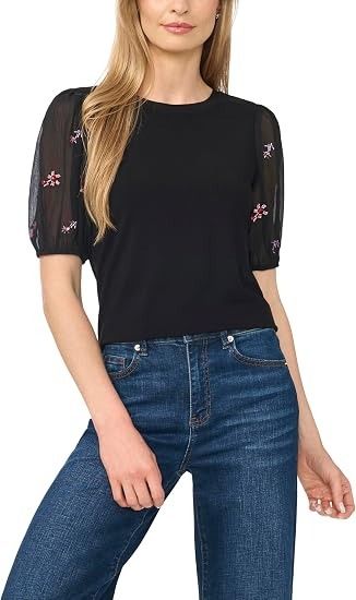 Black Top With Sheer Embroidered Sleeves image 2