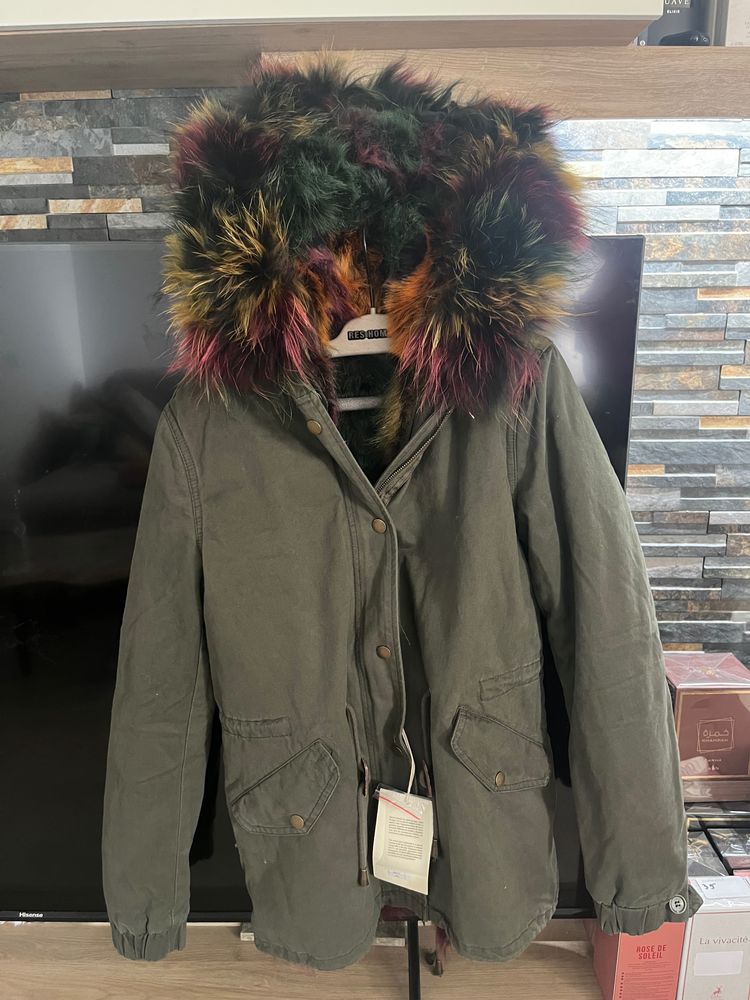 Other Green Parka Jacket With Multicolor Fur Hood product image