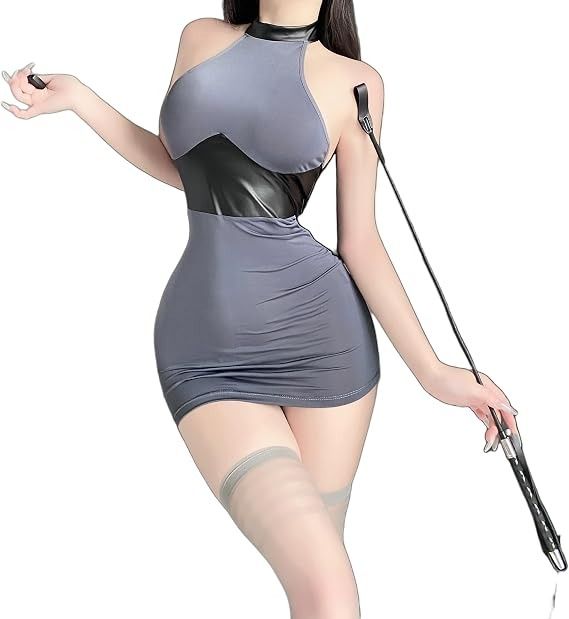 Grey And Black Halter Neck Mini Dress With Gloves image 5