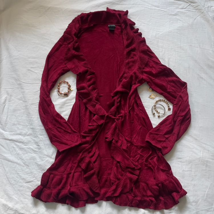 New Direction Red Ruffle Cardigan Sweater imagen 4