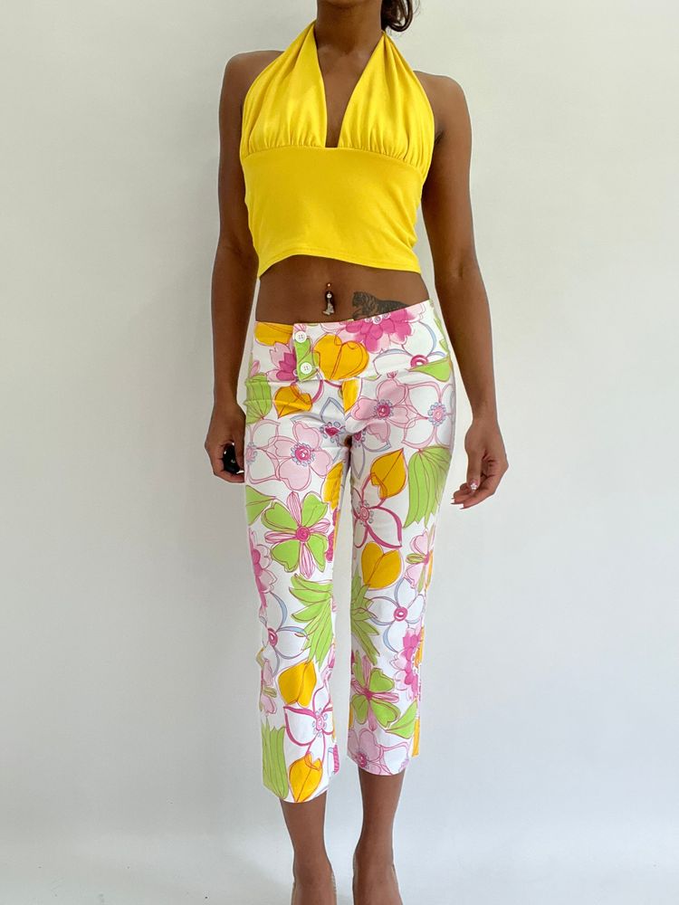 💚zara larsson drop | extra small white floral cropped trousers 7