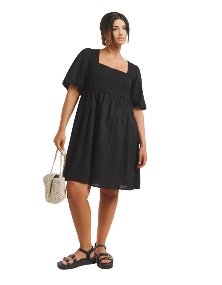Women's Black Linen Blend Shirred Skater Dress 5
