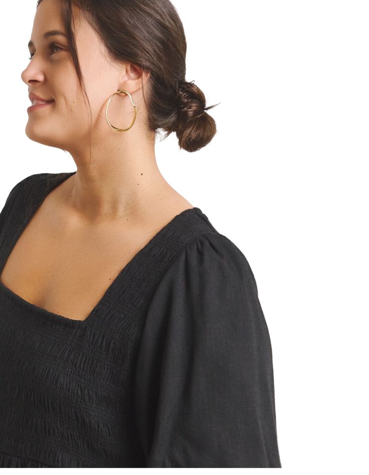 Women's Black Linen Blend Shirred Skater Dress 2