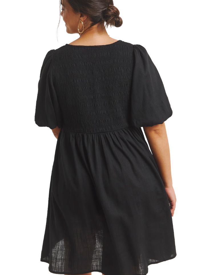 Women's Black Linen Blend Shirred Skater Dress 4