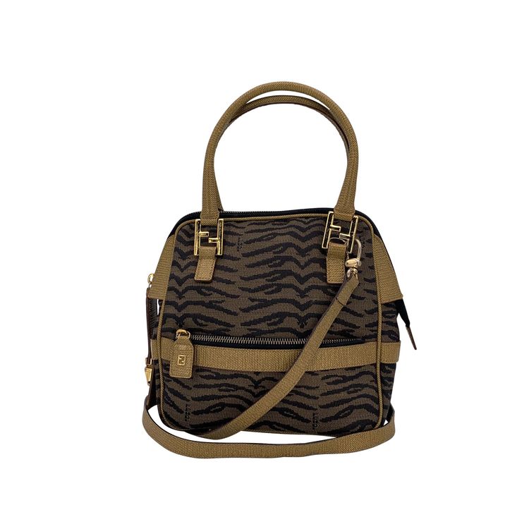 Borsa a Mano Fendi Vintage in Tessuto Fantasia Animalier Marrone con Tracolla