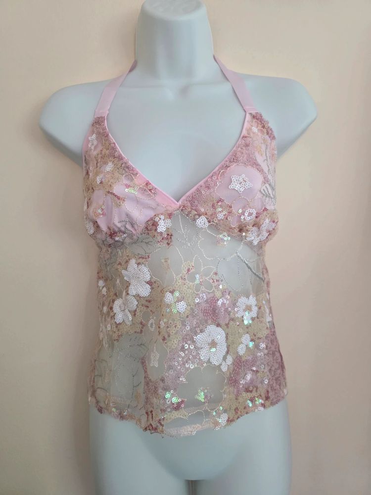 🌸 Shein Baby Pink Floral Sequin Fairycore/ Y2K Sheer Mesh Halter Tie-Back Top (Size L / UK 12-14)