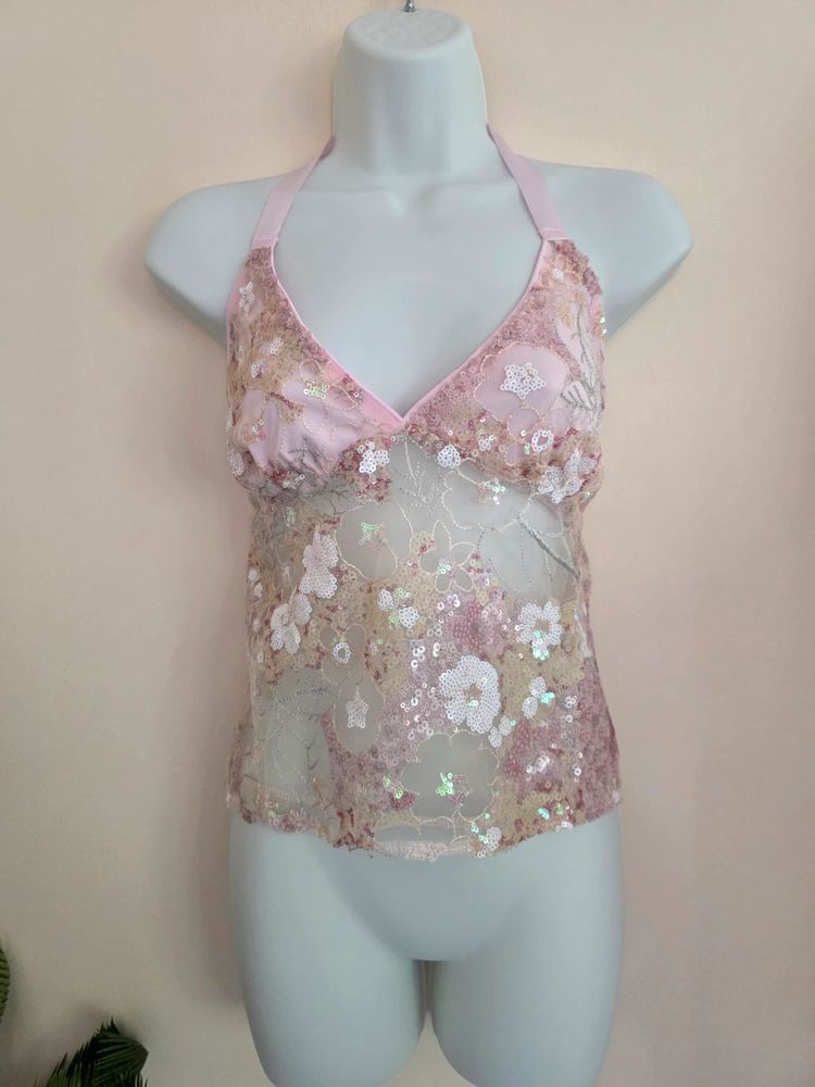 Immagine di 🌸 Shein Baby Pink Floral Sequin Fairycore/ Y2K Sheer Mesh Halter Tie-Back Top (Size L / UK 12-14) 6