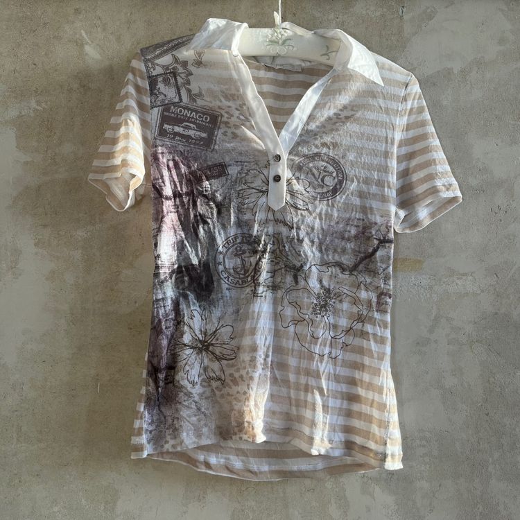 Striped Short Sleeve Polo Shirt With Graphic Print