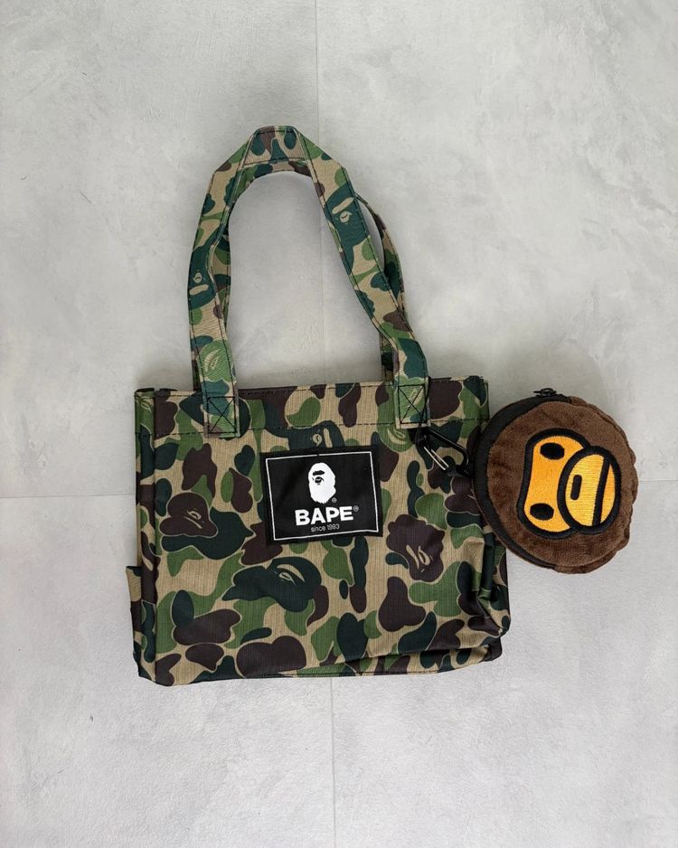 BAPE 2 In 1 Green Camo Mini Tote Bag With Baby Milo Shopping Bag - (NEW) image 1