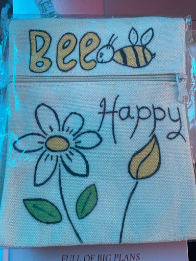 Canvas Shoulder Bag With Bee And Flower Design Hand drawn
