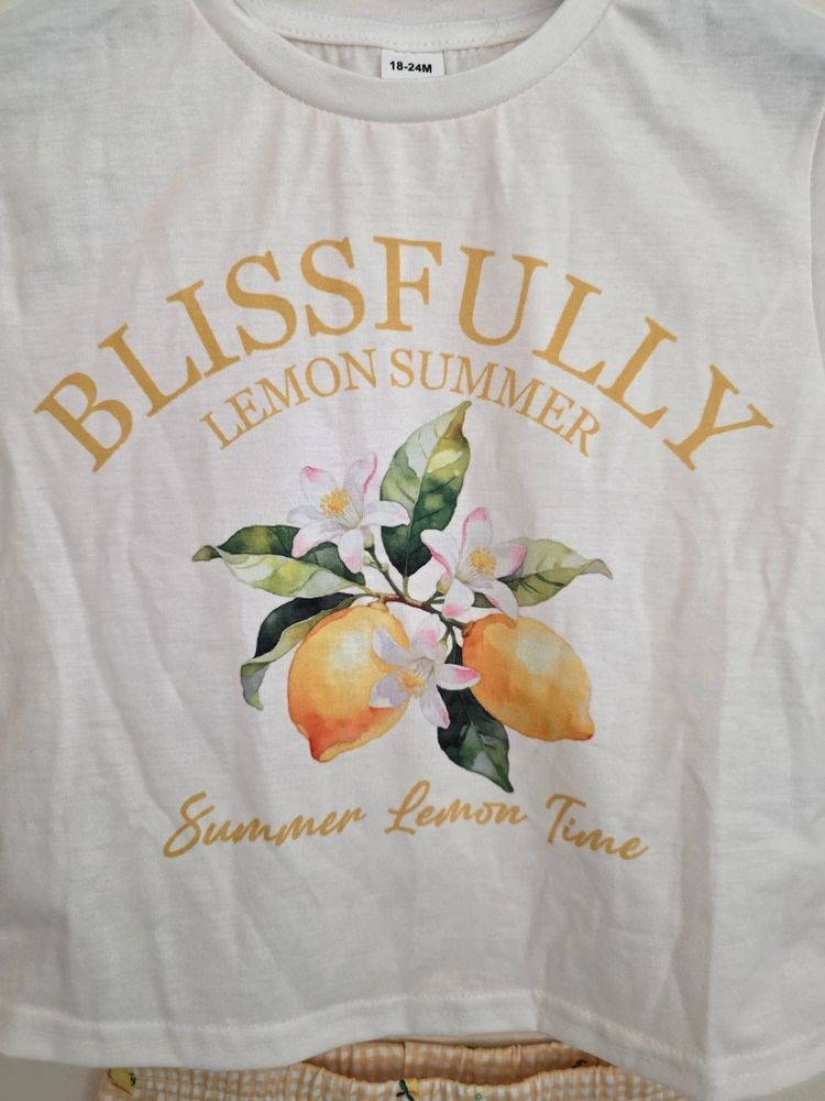 🍋 Shein Toddler Girls White Lemon Graphic T-Shirt & Gingham Shorts Set (18-24 Months) image 4